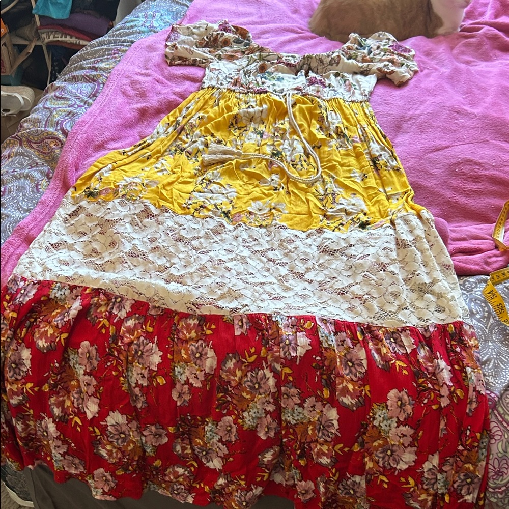 Umgee womens Tiered Floral Dress in Yellow, Red & Cream